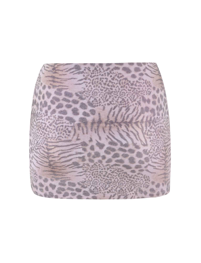 The EVANGELINE SKIRT - PINK : TIGER : PALE PINK TIGER by TIGERMIST is a fitted mini skirt with a mauve and beige animal print, accented by pink tiger stripes and spots. Bodycon fit creates a bold, stylish silhouette—shown against a white background.