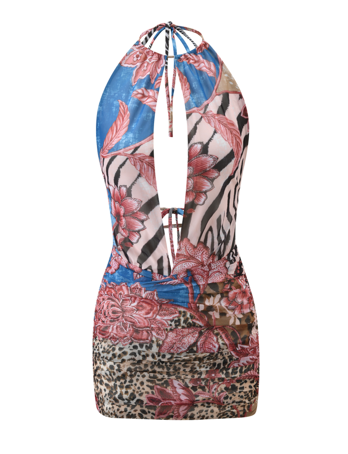 The TIGERMIST EVANNA DRESS 2.0 - GLOBAL ANIMAL FLORAL features a halter neckline, an open back with tie straps, and a mix of floral, zebra, and leopard prints in blue, pink, and brown.