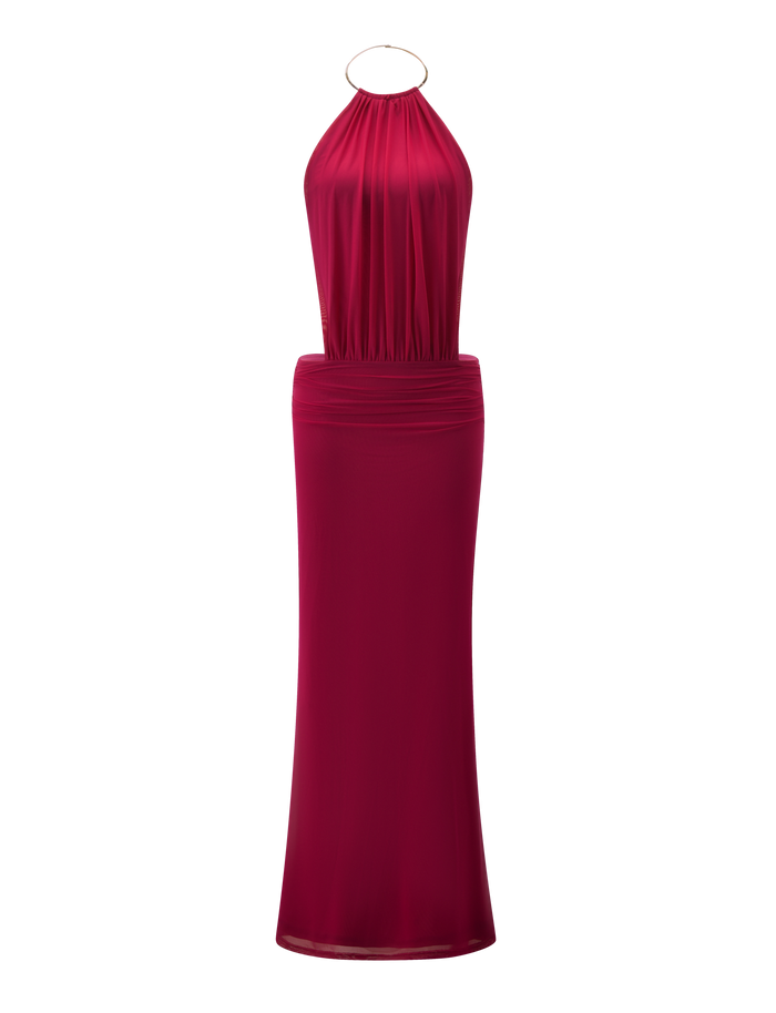 The EVANNA MAXI DRESS - BERRY by TIGERMIST is a sleeveless, floor-length magenta halter dress with a gathered neckline, gold ring detail at the neck, fitted waist, and elegant open back, shown against a white background.