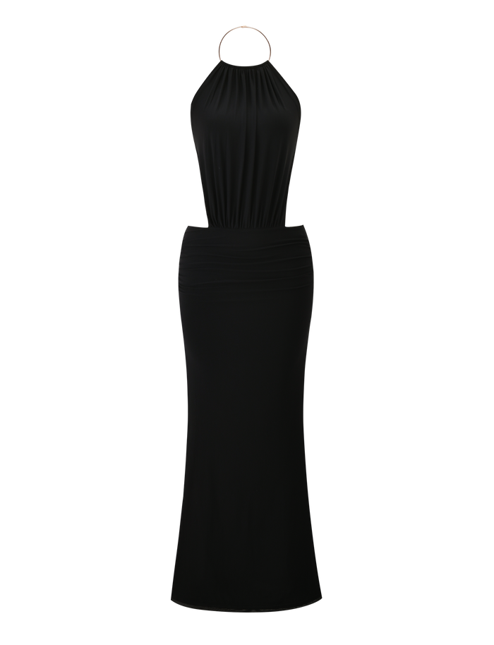 The EVANNA MAXI DRESS by TIGERMIST is a sleeveless black high-neck dress featuring a fitted waist and a long, straight skirt, shown on a plain white background.