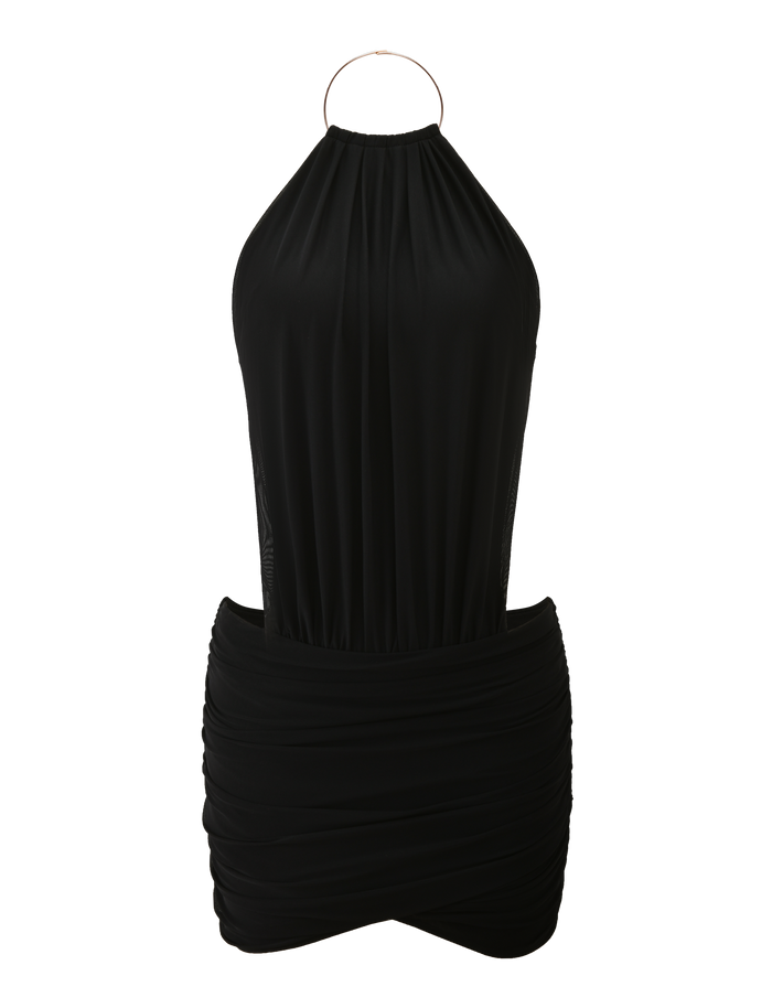 The EVANNA MINI DRESS by TIGERMIST is a black halter-neck mini dress with a gathered, ruched skirt, open back, and metallic ring closure.