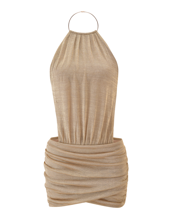 The TIGERMIST EVANNA MINI DRESS - GOLD features a halter-neck with metallic hoop detail, ruched draping at the skirt, a fitted silhouette, and an open back, shown against a plain white background.