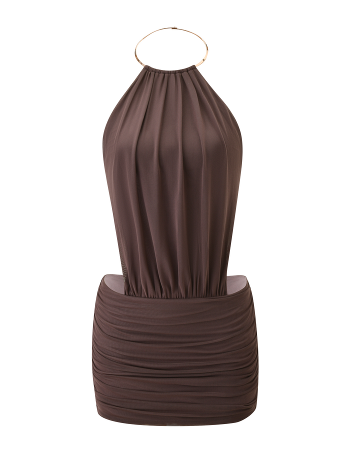The TIGERMIST EVANNA MINI DRESS - MOCHA is a sleeveless mini dress with a halter-style high neck and gold hoop detail. It features a loose, draped bodice and fitted, ruched skirt, shown against a plain white background.