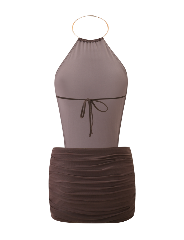 The TIGERMIST EVANNA MINI DRESS - MOCHA features a sleeveless halter style with a gold hoop neckline, sheer mesh bodice, tie-back detail, and ruched mini skirt. The high neck brown mini dress is shown on a white background.