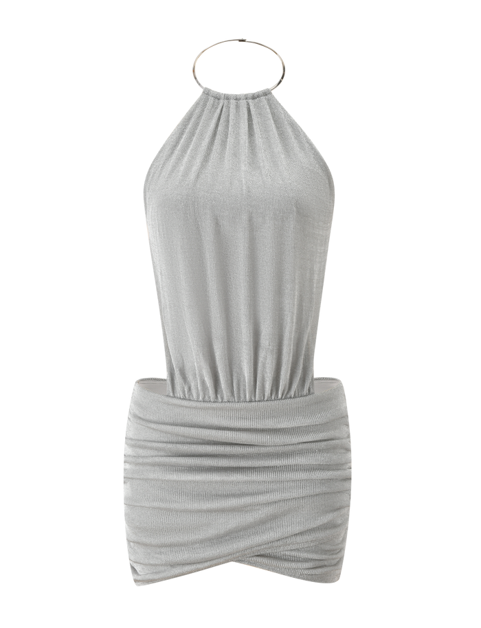 The TIGERMIST EVANNA MINI DRESS - SILVER features a sleeveless halter neckline, circular ring detail, ruched fitted skirt, and an alluring open back for extra glamour.
