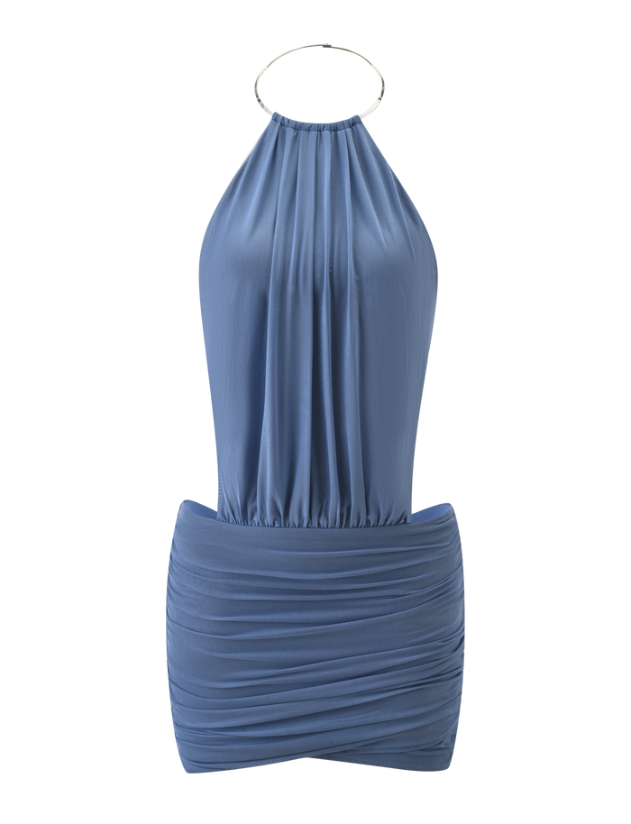 TIGERMIST EVANNA MINI DRESS in slate blue features a sleeveless design, metallic neck ring, ruched bodice, fitted skirt, and silky fabric gathered at the waist for an elegant, flattering silhouette.