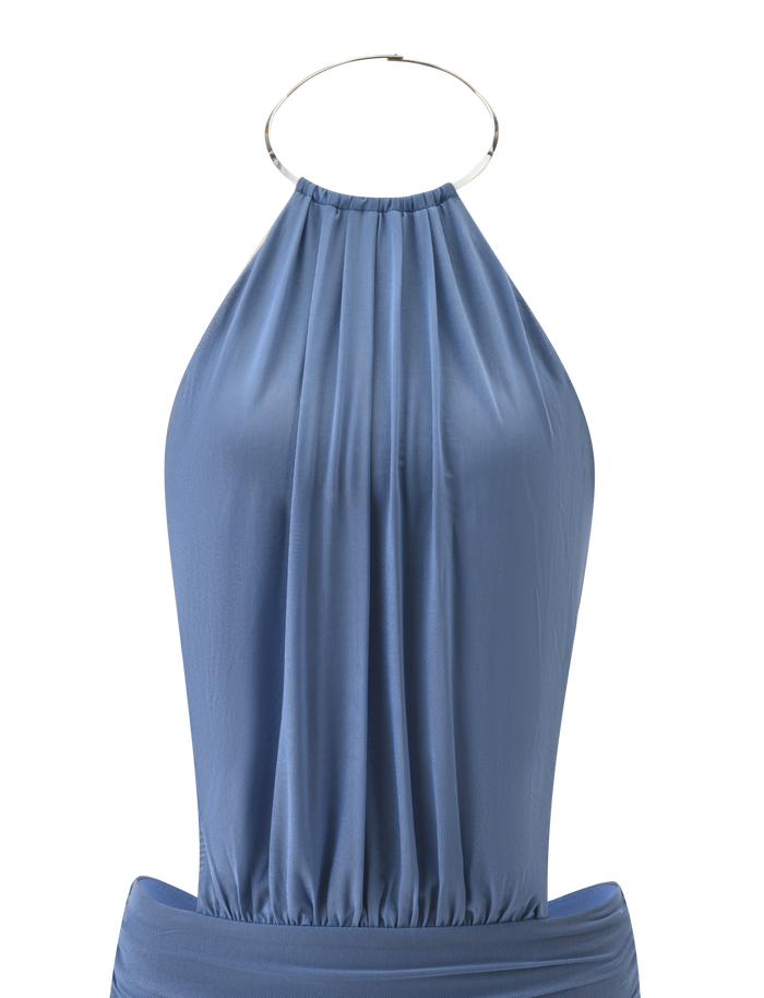 The TIGERMIST EVANNA MINI DRESS in slate blue features a sleeveless design with pleated fabric and a metallic circular neckline, shown against a white background.