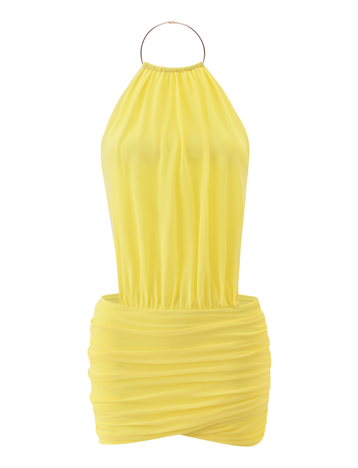 The TIGERMIST EVANNA MINI DRESS in yellow features a gathered high neck, sleeveless halter style, loose bodice, fitted ruched mini skirt, and open back, showcased against a white background.
