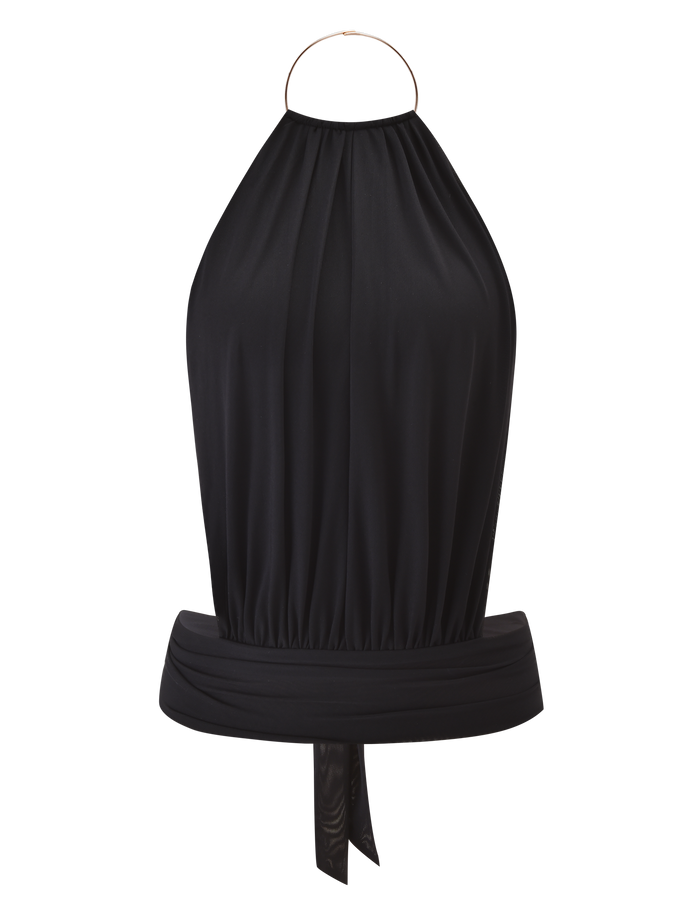 The TIGERMIST EVANNA TOP - BLACK features a billowy, gathered halter bodice, metallic gold neck ring detail, and open back, shown against a plain background.
