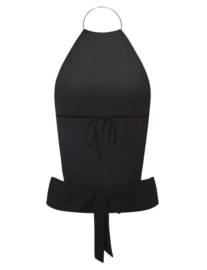 The EVANNA TOP - BLACK by TIGERMIST features a halter-neck, high neckline with ring detail, open back, front bust tie, and wide waist bow.