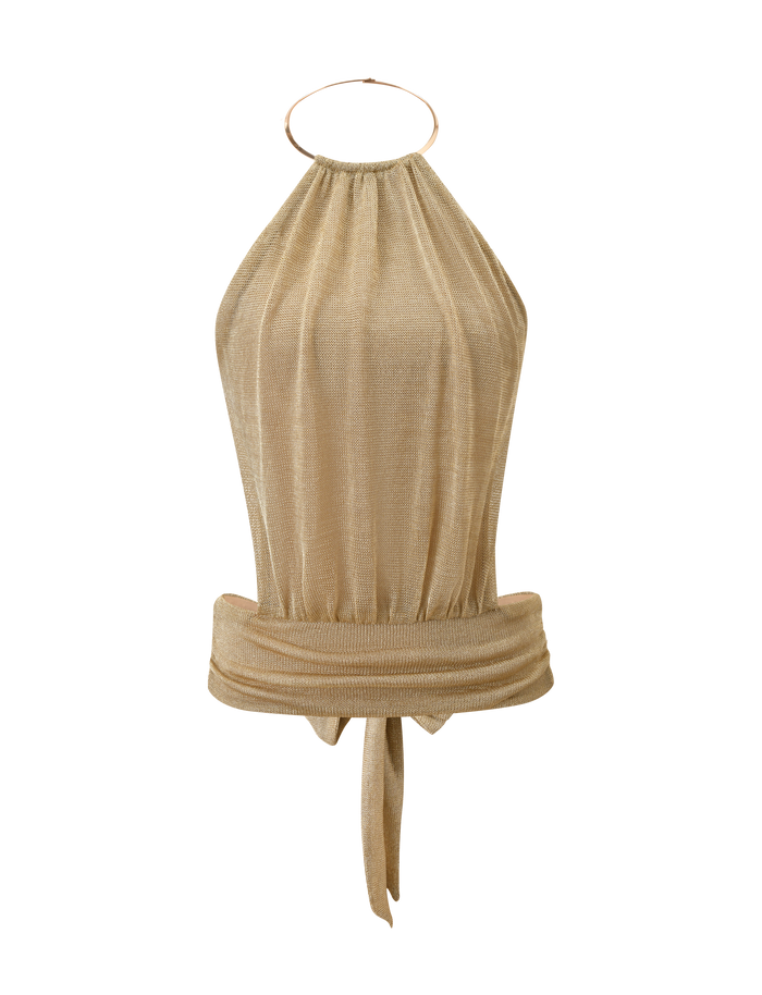 The TIGERMIST EVANNA TOP - GOLD is a sleeveless high neck halter with a metallic sheen, tie-front wide waistband, gathered neckline, circular neck ring detail, and open back, shown on a plain white background.