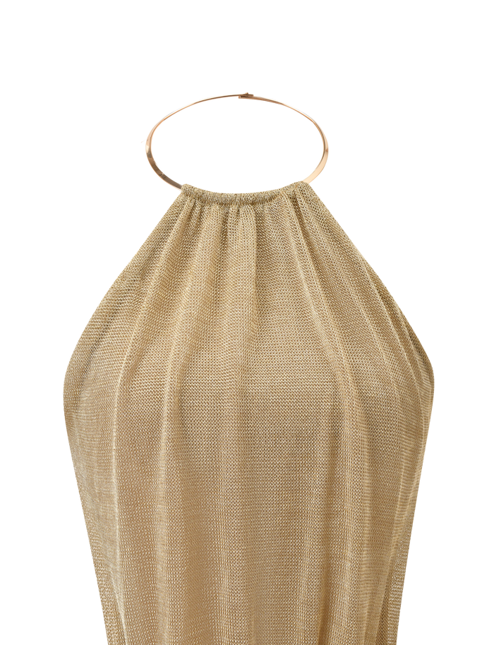 The TIGERMIST EVANNA TOP - GOLD features a textured, shimmery gold mesh fabric with soft pleats and a circular high neck halter collar, creating a standout look against any background.