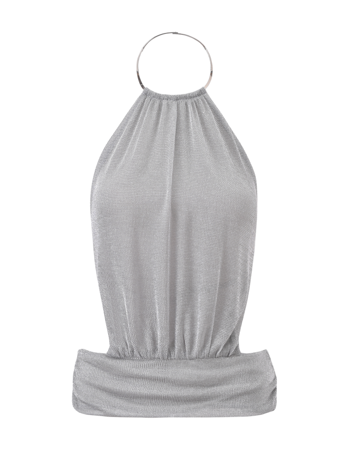 The EVANNA TOP - SILVER by TIGERMIST is a silver mesh halter with a high neck, large circular ring detail, open back, and a loose draped fit at the waist.