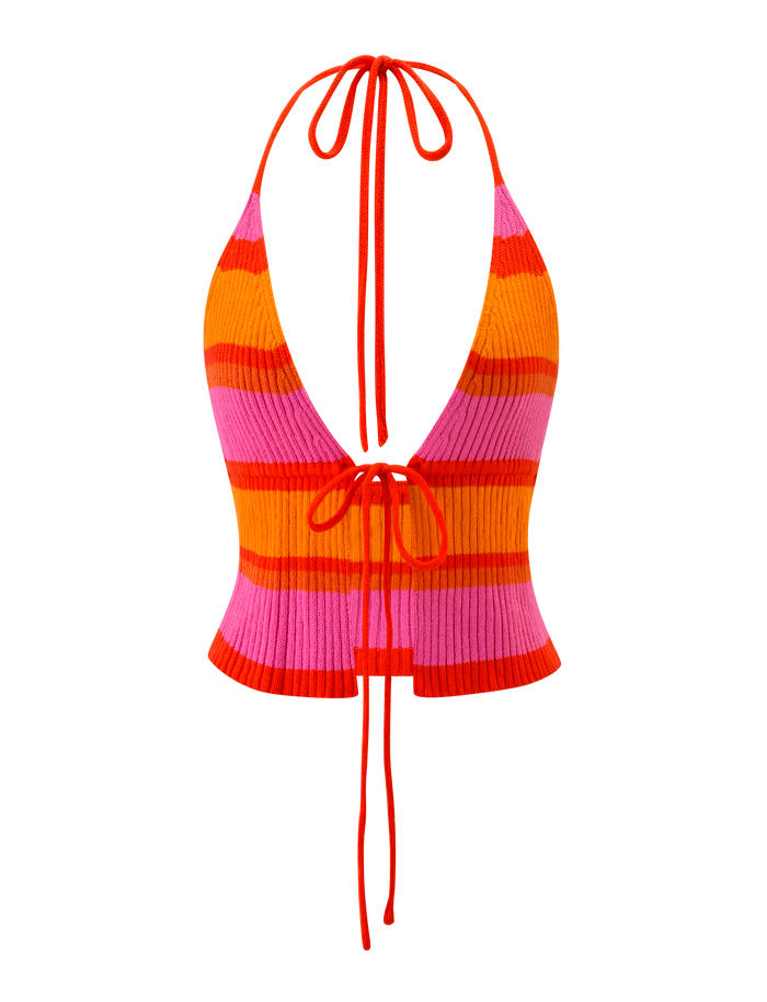 The EVERLY CROCHET HALTER TOP - SUNSET TROPICAL STRIPE by TIGERMIST features orange, red, and pink stripes, a halter neck, deep V-neckline, open back, and long red ties at the neck and lower back.