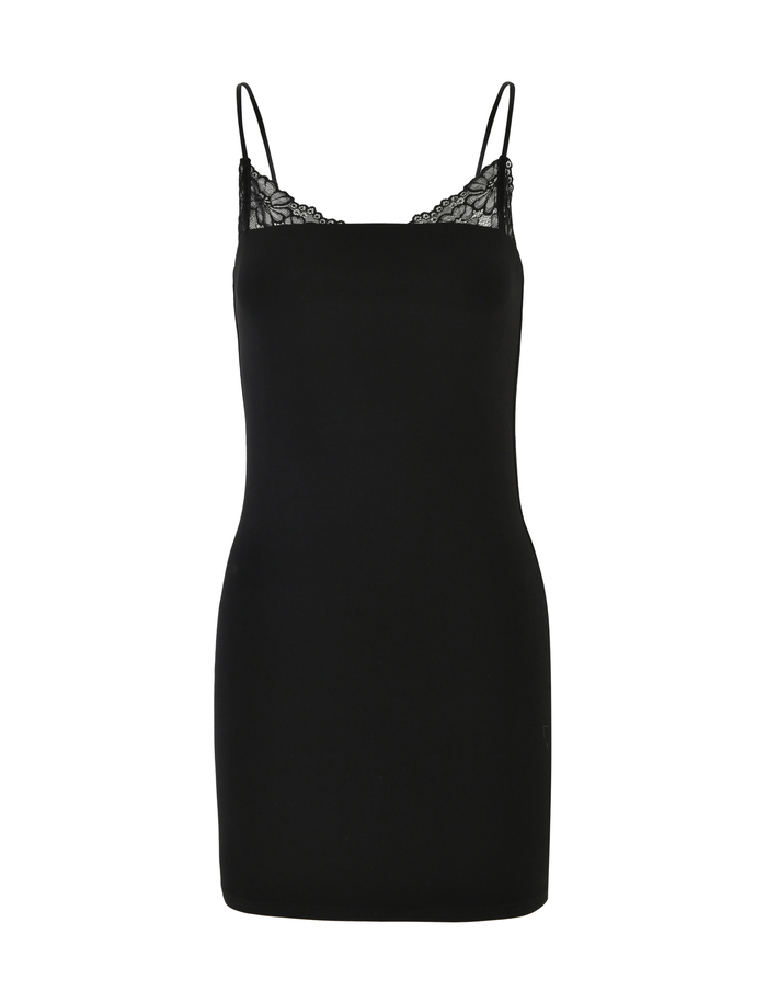 The FAELINA MINI DRESS by TIGERMIST is a black, fitted jersey mini dress with thin spaghetti straps and lace detailing at the neckline, shown on a white background.