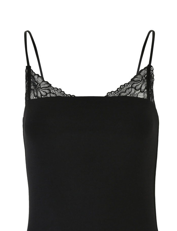 The FAELINA MINI DRESS by TIGERMIST is a black mini dress with adjustable straps and lace trim along the neckline, featuring a delicate floral pattern.