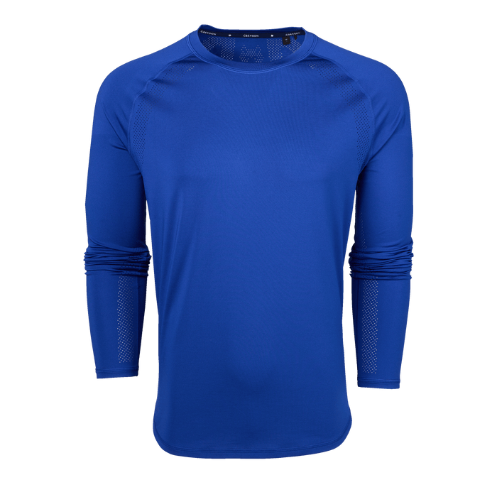 Iona Blue Falcon Sport Long Sleeve Tee - Front View, Perforated Ventilation Detail | Greyson Clothiers