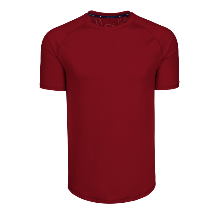 Varsity Red Technical Sport Tee - Front View, Raglan Sleeve Perforated Detail | Greyson Clothiers