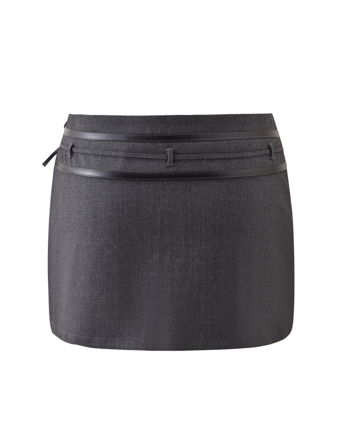 The TIGERMIST FEDRA SKORT - GREY is a short, dark gray skort with subtle texture and a double waistband featuring a thin matching belt, shown on a plain white background.
