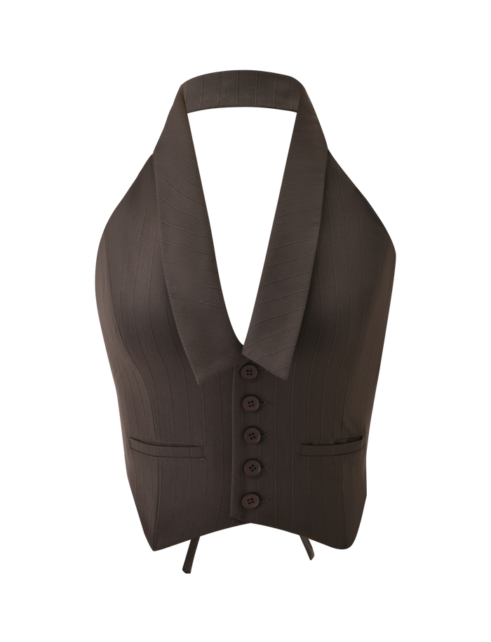 The TIGERMIST FEDRA VEST - CHOCOLATE is a sleeveless halter vest with a deep V-neckline, shawl collar, button front, and two small pockets, shown here against a white background.