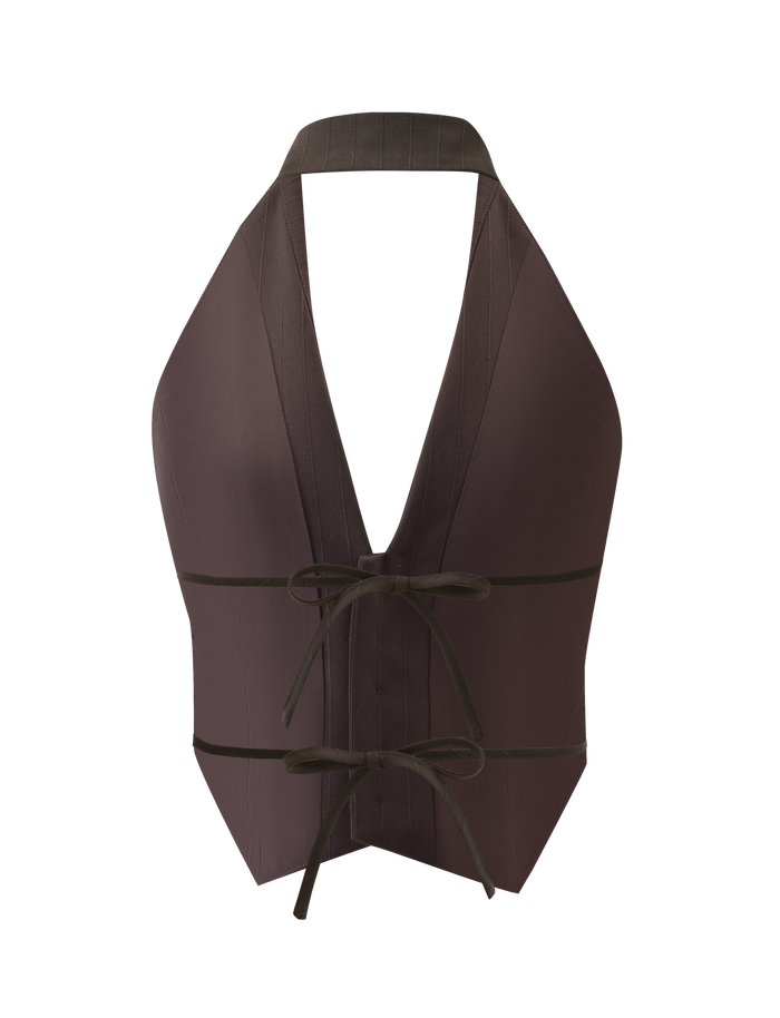 The FEDRA VEST - CHOCOLATE by TIGERMIST is a sleeveless halter suiting vest in chocolate with a deep V-neck, structured lines, and two front waist ties, styled against a plain white background.