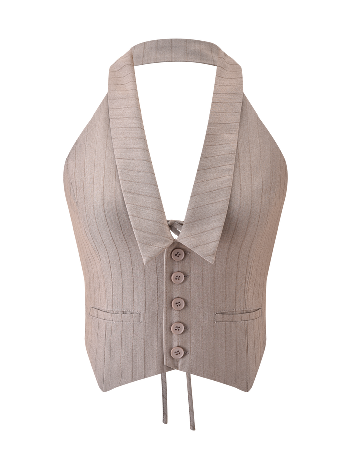 The TIGERMIST FEDRA VEST - TAN PINSTRIPE features a halter neck, deep V-neckline, wide lapels, five front buttons, two small pockets, and waist ties, shown here on a white background.