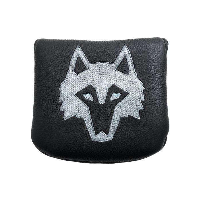 Greyson Feed The Wolf Mallet Putter Cover - Front, Embroidered Wolf Logo on Black Leather | Greyson Clothiers