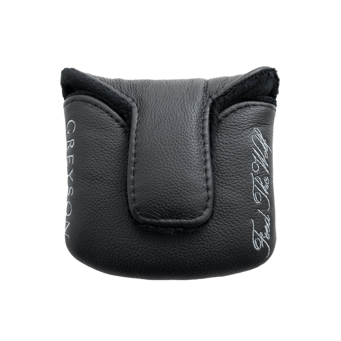 Greyson Feed The Wolf Magnetic Mallet Putter Cover - Back View, Script Branding & Magnetic Closure | Greyson Clothiers