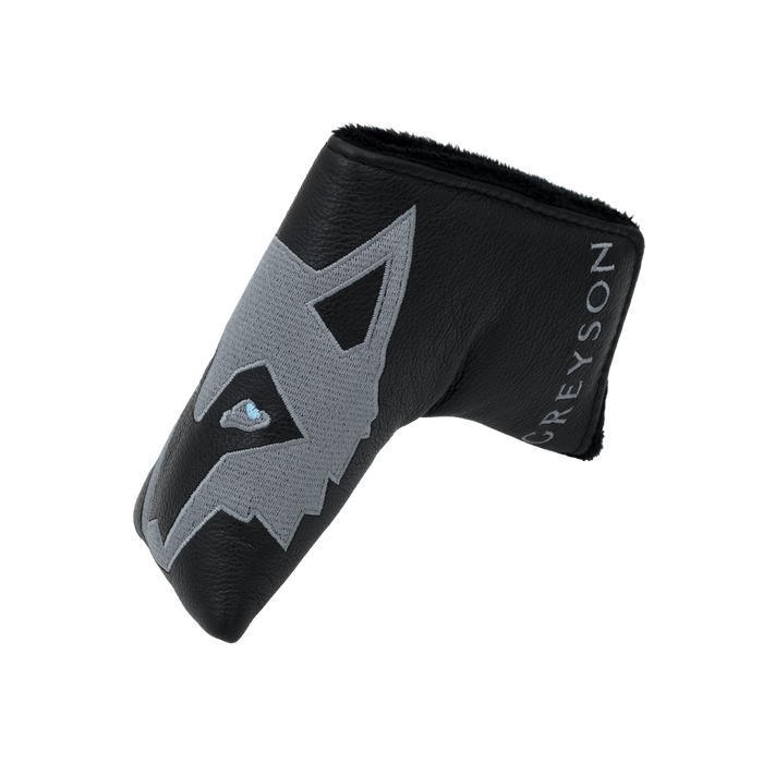 Feed the Wolf Blade Putter Cover - Side Angle, Black Leather with Shepherd Wolf Embroidery | Greyson Clothiers