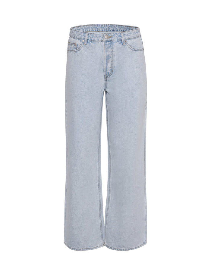 Introducing the FELIX JEAN - BLUE : LIGHT DENIM from TIGERMIST. These light blue, high-waisted straight leg jeans feature a classic five-pocket design, belt loops, and a zip fly with a button closure. The fabric has a slightly faded look for an effortless casual style. Displayed against a white background.