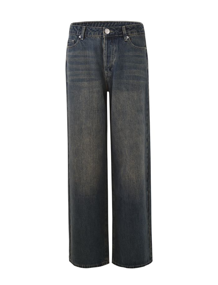 The TIGERMIST FELIX JEAN - BLUE : MID WASH features a high-waisted, wide-leg fit, button and zip closure, front and back pockets, and subtle fading on the thighs.