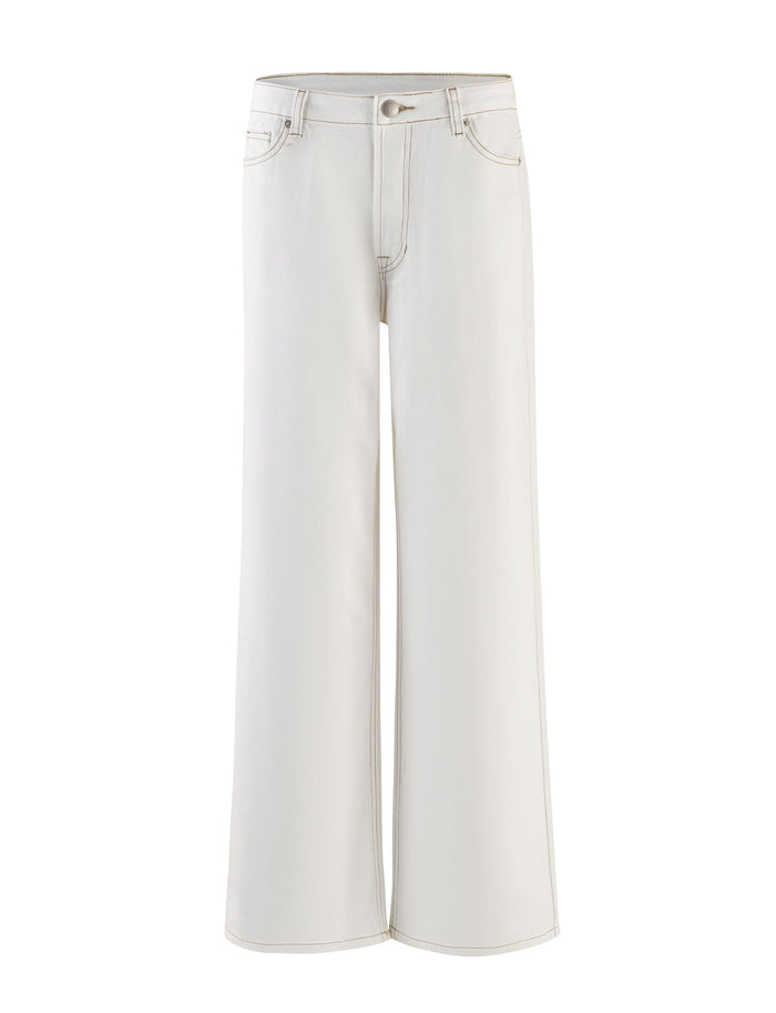 The TIGERMIST FELIX JEAN - WHITE features a high waist and front button closure. These wide-leg jeans come complete with side and back pockets, and are finished with contrast stitching along the seams for a sleek look.