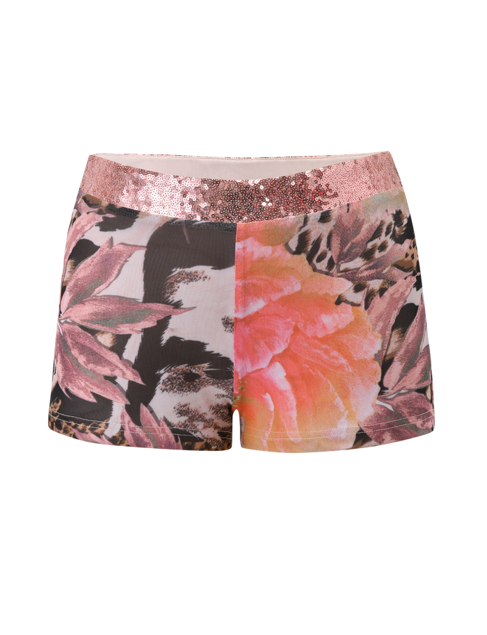 The FENELLA SHORT - ANIMALIER FLORAL by TIGERMIST is a high-waisted super mini with a striking pink and peach floral animal print, shiny rose gold sequin waistband, and a fresh white background.