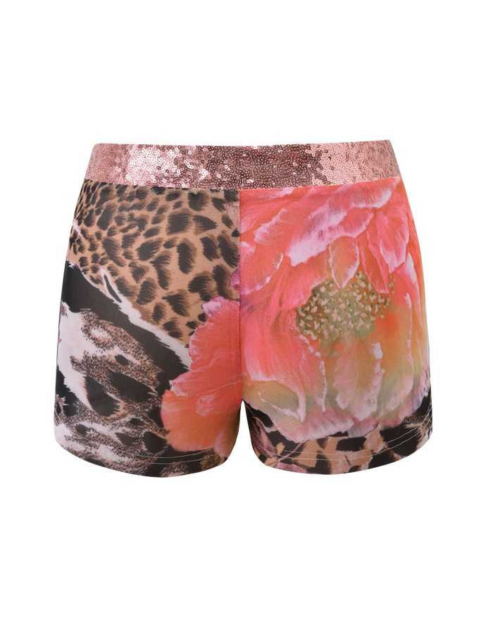 The FENELLA SHORT - ANIMALIER FLORAL by TIGERMIST features a rose gold sequin waistband, bold leopard and snakeskin print on one side, vibrant pink and orange florals on the other, all set on a crisp white background.