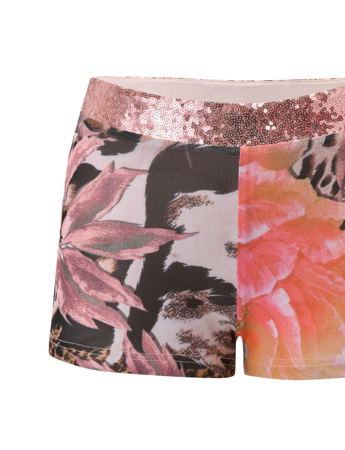Close-up of the TIGERMIST FENELLA SHORT - ANIMALIER FLORAL, featuring a rose gold sequin waistband and bold pink, peach, black, and cream mixed floral animal print.