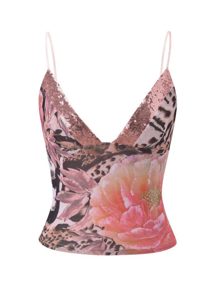 The FENELLA TOP - ANIMALIER FLORAL by TIGERMIST features thin straps, a deep V-neckline with rose gold sequin trim, and bold leopard print with large pink flowers for a striking look.