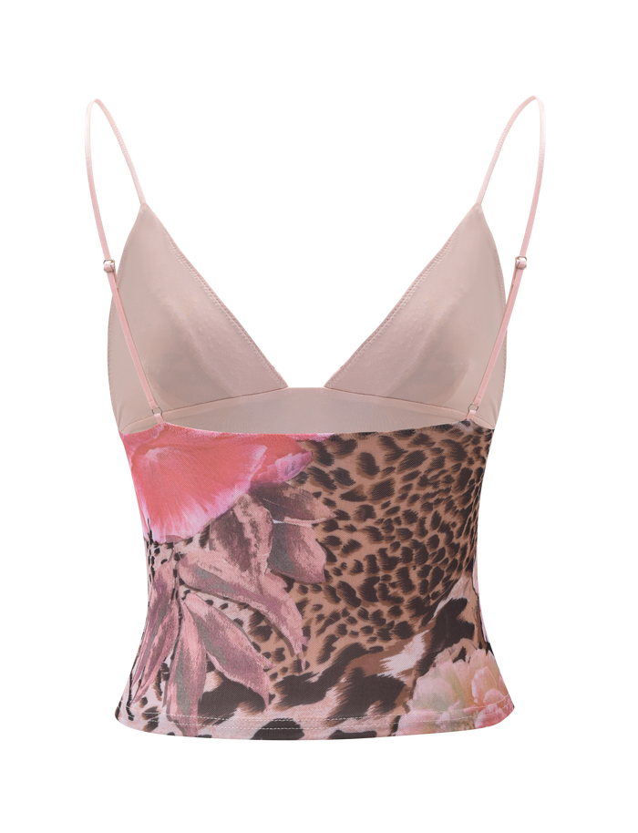 The TIGERMIST FENELLA TOP - ANIMALIER FLORAL is a fitted, sleeveless mesh cami with adjustable pink straps, a V-neckline, and bold leopard and pink floral prints.