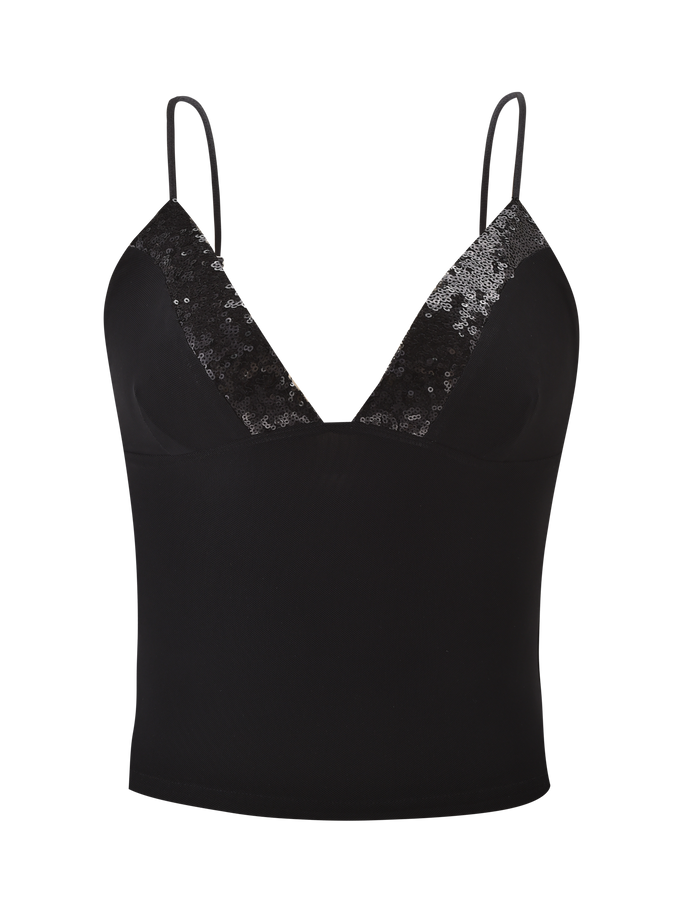 The FENELLA TOP - BLACK by TIGERMIST is a black sequin mesh tank with a V-neckline, adorned in black and silver sequins, featuring fitted smooth fabric and adjustable spaghetti straps for the perfect fit.