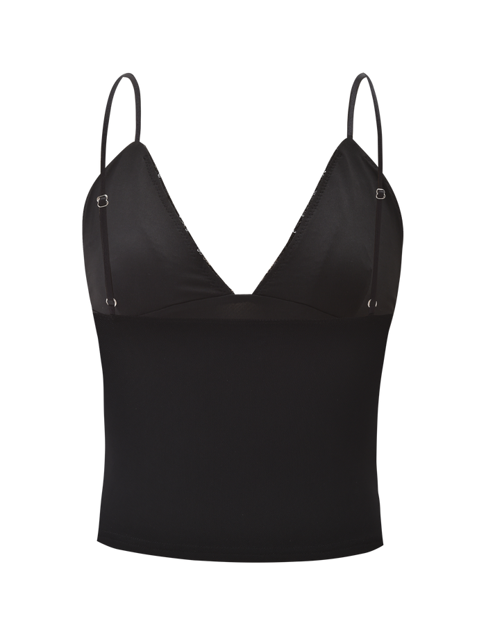 The FENELLA TOP - BLACK by TIGERMIST is a black sequin mesh tank featuring thin adjustable spaghetti straps and a deep V-neckline, shown against a plain white background.