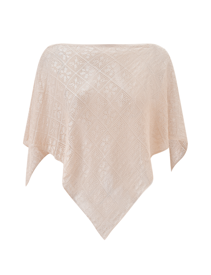 The FERN CROCHET PONCHO - CHAMPAGNE by TIGERMIST features a light beige, square lace design with intricate patterns, styled as a festival-ready essential and draped on an invisible mannequin against a white background.