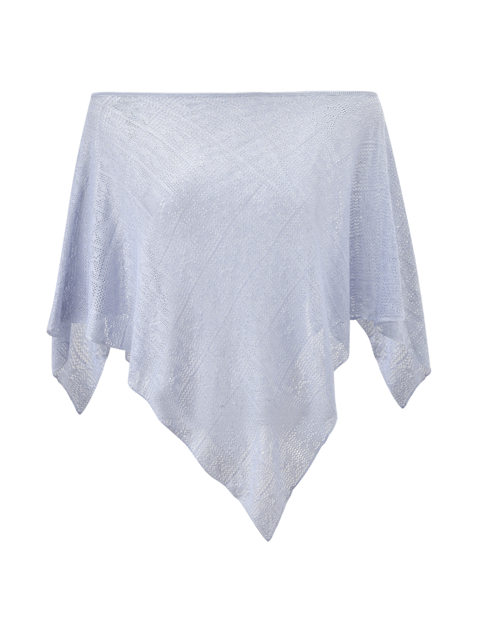 The TIGERMIST FERN CROCHET PONCHO in Silver features a semi-sheer, square silhouette with pointed draping corners and a subtle textured pattern, shown against a plain white background.