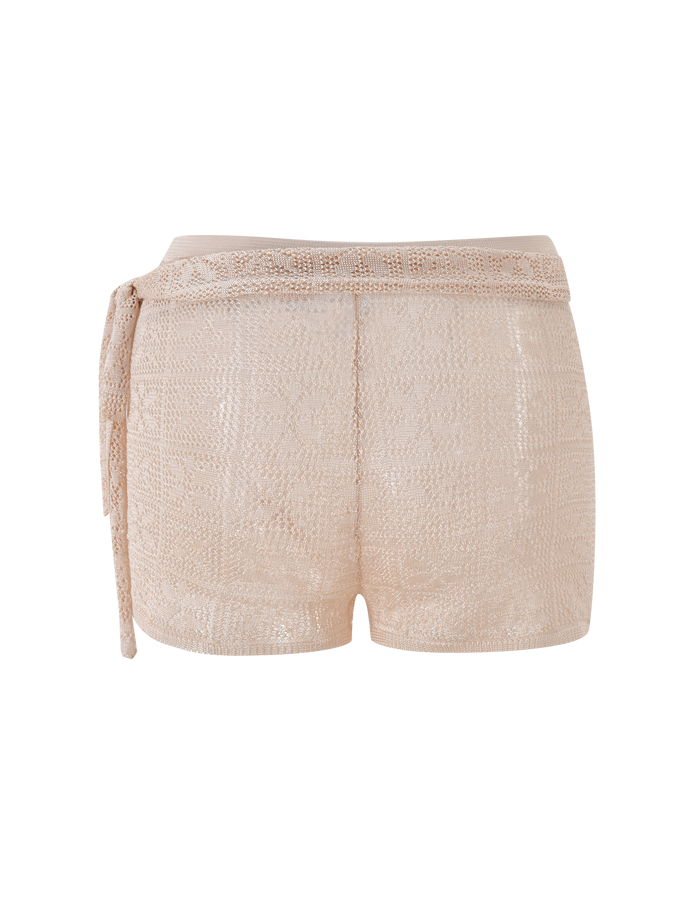 The TIGERMIST FERN CROCHET SHORT in Champagne features semi-sheer beige crochet with a geometric pattern, adjustable waistband, and a matching left-side tie belt, shown against a plain white background.
