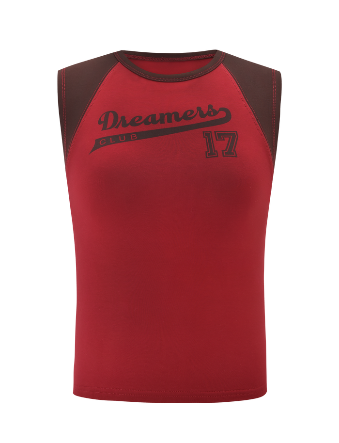 The FIERA TEE - RED by TIGERMIST is a sleeveless athletic shirt with maroon shoulders, featuring the exclusive "Dreamers Club" print and number 17 on the front in a fitted design that stands out.