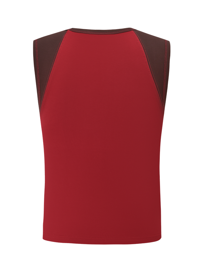 The TIGERMIST FIERA TEE - RED is a high neck raglan top featuring a red body, dark brown shoulder panels, and red stitching on smooth, fitted fabric. Shown from the back for a sleek look.