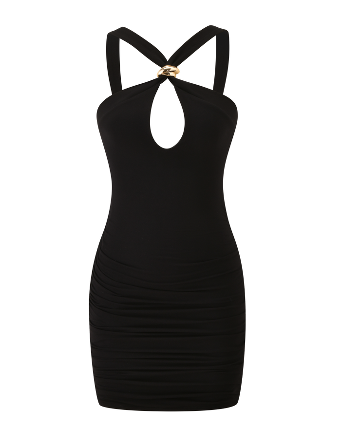 The TIGERMIST FINCH MINI DRESS - BLACK features a sleeveless mini design with a chest keyhole, crisscross straps, and a gold ring detail at the neckline—an ideal choice for a chic date night look.