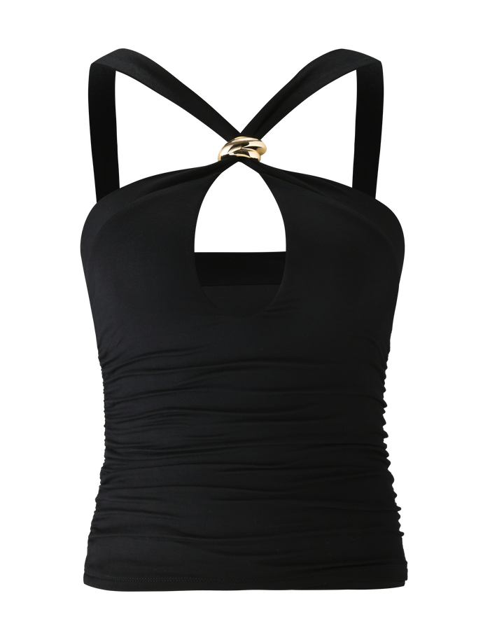 The FINCH TOP - BLACK by TIGERMIST is a sleeveless halter with a keyhole front cutout, gold ring detail at the neckline, and ruched sides—the perfect chic going-out top.