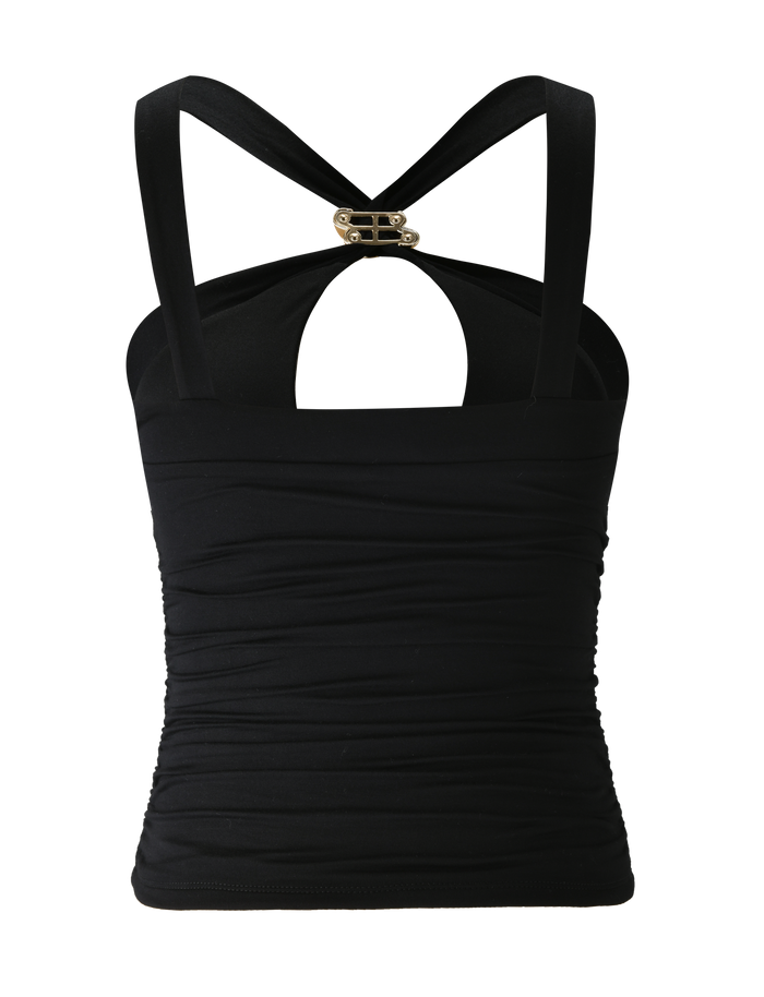 The FINCH TOP - BLACK by TIGERMIST features wide crisscross straps, a keyhole cutout, sleeveless ruched design, and a gold-tone clasp at the back for a halter-inspired look.