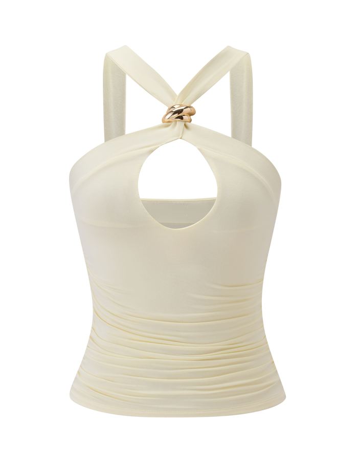 The FINCH TOP - CREAM by TIGERMIST is a sleeveless halter keyhole top with chest cutout detail, wide crossing straps, twisted gold hardware at the neckline, and gentle waist ruching.