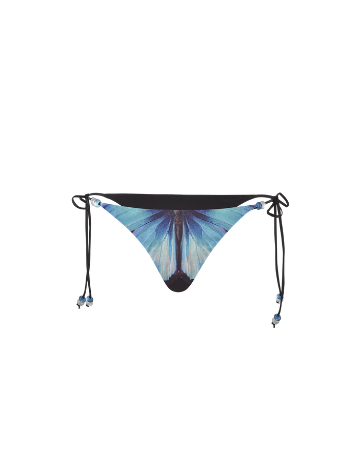 The TIGERMIST FINLEA BIKINI BOTTOM - BLACK : BUTTERFLY features a vibrant butterfly print with black edges, soft elastane fabric, and side ties for a stylish, comfortable fit.