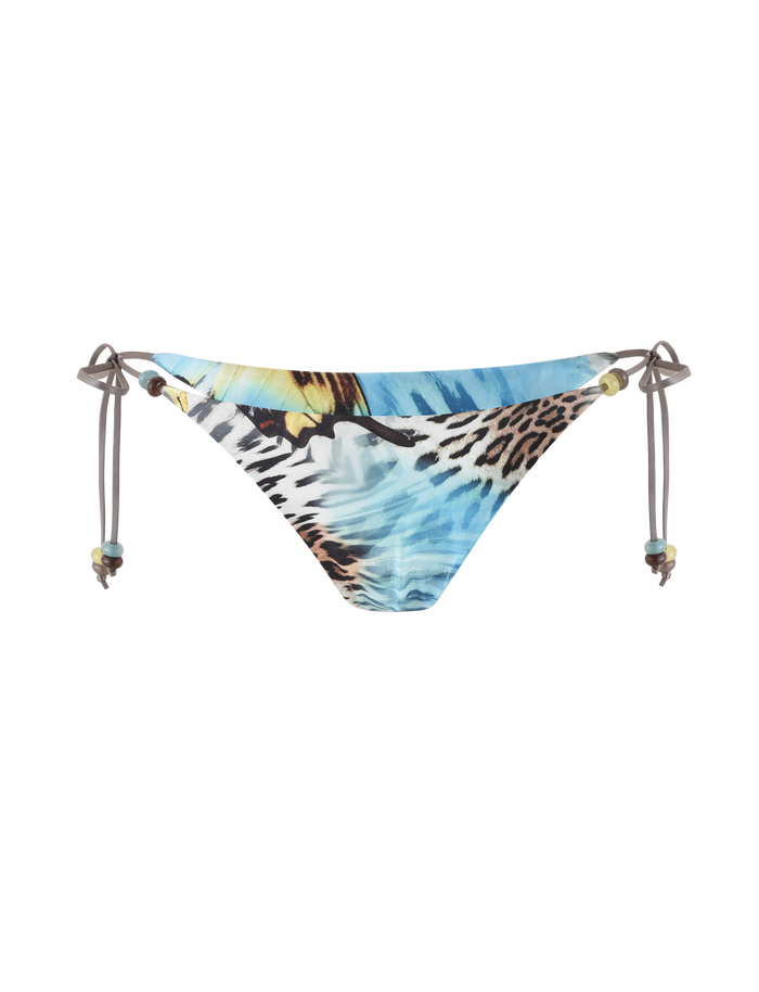 The FINLEA BIKINI BOTTOM - MULTI by TIGERMIST features a vibrant butterfly animal print in blue, black, white, and yellow on soft elastane fabric with adjustable side ties.
